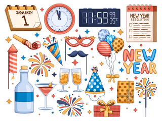 Collection of New Year celebration clipart vector illustrations, featuring festive elements such as fireworks, champagne, balloons, confetti, streamers, clocks, calendars, sparklers, and more. 