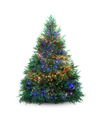 Beautiful Christmas tree with festive lights isolated on white