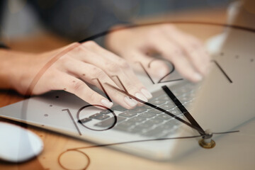 Time concept. Double exposure of woman working on laptop and clock