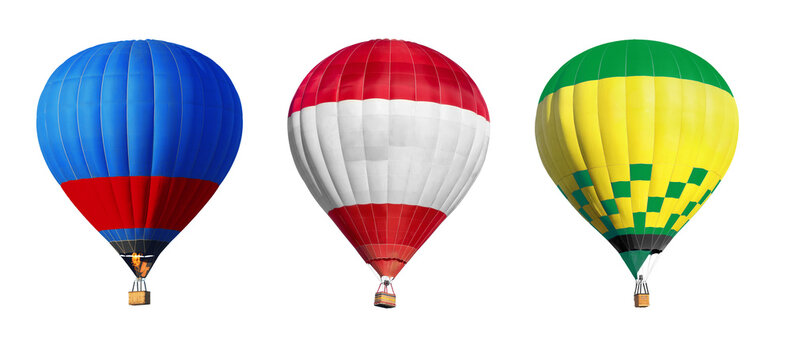 Bright hot-air balloons on white background, set