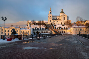 View of the Holy Spirit Monastery and the Holy Dormition Cathedral on the Assumption Mountain on a winter day from Pushkin Street, Vitebsk, Belarus - obrazy, fototapety, plakaty