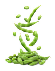 Fresh edamame soybeans and pods falling onto pile against white background