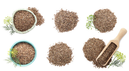 Dry dill seeds on white background, set