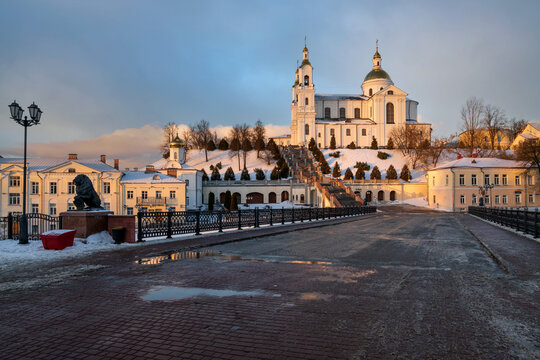 View of the Holy Spirit Monastery and the Holy Dormition Cathedral on the Assumption Mountain on a winter day from Pushkin Street, Vitebsk, Belarus
