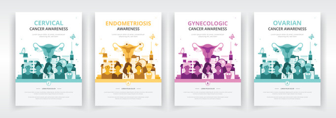 Poster, flyer or report cover templates ideal for raising awareness of women’s health issues such as cervical or ovarian cancers, endometriosis, or any other gynecologic cancers - obrazy, fototapety, plakaty