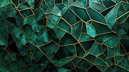 Abstract seamless pattern of dark green and gold lines, shiny crystal stones resembling green emerald ideal for backgrounds, banners, and tiles
