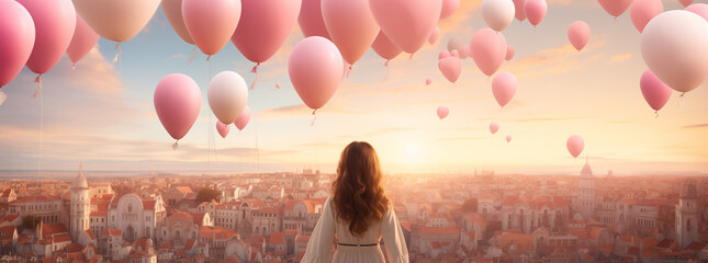 A young girl is looking at pink balloons while watching the sunset, in the style of panorama in the city for banner and advertiser - obrazy, fototapety, plakaty