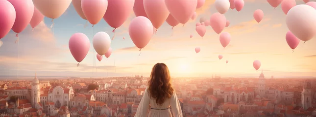 Papier Peint photo autocollant Etats Unis A young girl is looking at pink balloons while watching the sunset, in the style of panorama in the city for banner and advertiser