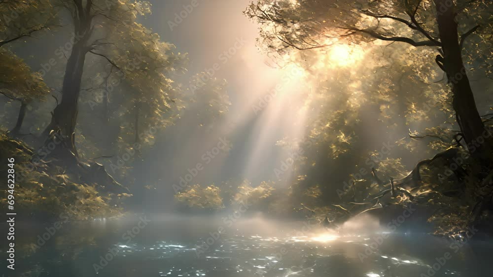 Poster deep within wandering wisp whirlwind wilderness, there hidden lake, surface aglow with light dancing