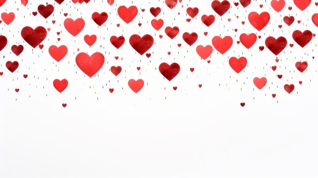 abstract red valentines day hearts raining down isolated on white background. Generative AI