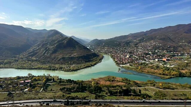 Time lapse photography overlooks the ancient city of Mtskheta  in Georgia. 