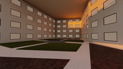 alone in the backrooms liminal space 3d render © Hirzan