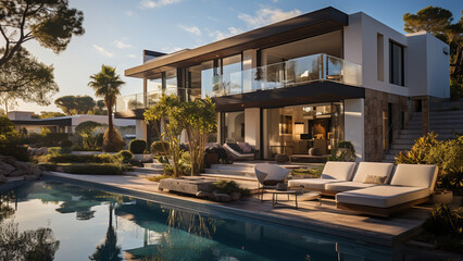 Modern house with swimming pool in sunset. Luxury villa in the tropics,Generative AI