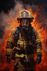 an emotional painting of an American firefighter emerging through the smoke and flames, the fire fighter is wearing a mask --ar 2:3 --v 5.2 Job ID: b835553a-eaaa-4aac-8190-d7ecb03e8586