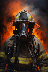 an emotional painting of an American firefighter emerging through the smoke and flames, the fire fighter is wearing a mask --ar 2:3 --v 5.2 Job ID: 63a782a1-c0df-4b03-9079-c893f5c48d57