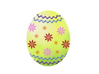 カラフルな花とライン模様が描かれた黄緑色のイースターエッグの水彩イラスト