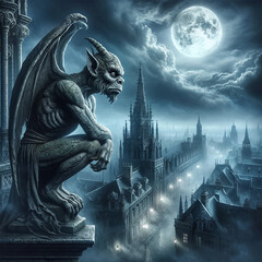 A mythical gargoyle image, depicting a fearsome and detailed gargoyle perched on top of a Gothic cathedral. The gargoyle is made of weathered stone - obrazy, fototapety, plakaty