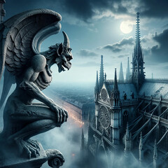 A mythical gargoyle perched atop an ancient, Gothic cathedral. The gargoyle is intricately detailed with a stone-like texture
