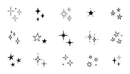 Hand drawn star sparkle shine of doodle set. Star shine twinkle glow, spark glitter, magic party light vector illustration. Hand drawn sketch doodle style line sparkle elements - obrazy, fototapety, plakaty