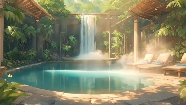 enter spa, glistening pool with crystal clear water catches your eye. pool area lined with elegant lounge chairs, perfect soaking suns rays. cascading waterfall provides 2d animation