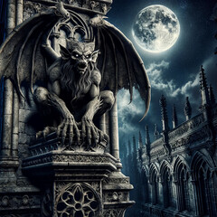 gargoyle perched atop an ancient, weathered stone tower under a full moon night. The gargoyle is detailed with intricate, Gothic-style - obrazy, fototapety, plakaty