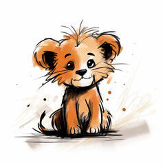 Messy art line sketch of a cute, modern baby Lion cartoon illustration