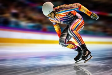 Professional short track skater wearing colorful outfit, arena skate. - obrazy, fototapety, plakaty