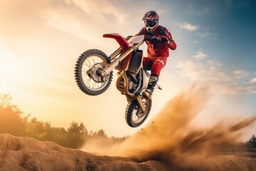 A off road moto cross type motor bike in mid air during a jump with a dirt trail.