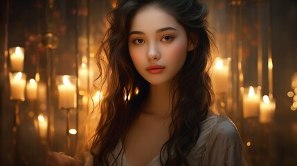 Asian teen model fashion portrait, night set up with candle