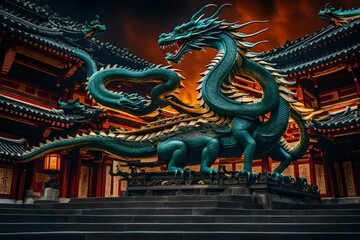 chinese dragon statue on the roof - obrazy, fototapety, plakaty