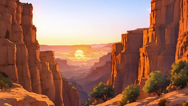 setting behind imposing cliffs Whispering Winds Canyon, casting warm golden glow landscape. marveled vastness canyon, walls seemingly stretching miles. distance, could 2d animation