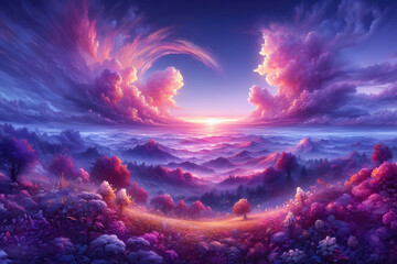 Fototapeta na wymiar Pink and purple landscape with clouds