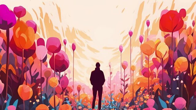 A person standing in a garden looking in awe at the vibrant colors of the flowers. Psychology art concept.
