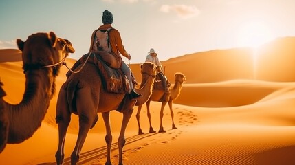 Camel ride, tourist group tour riding camel