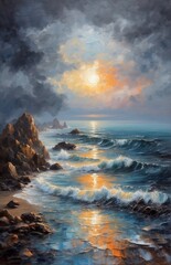 Obraz premium Digital artwork, landscape oil painting, splashing waves, sun and clouds. Can be used as background or wallpaper. 