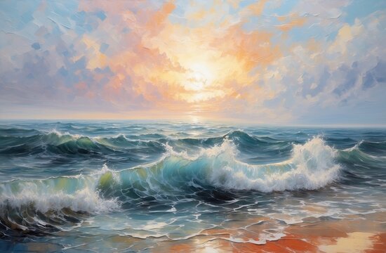 Digital artwork, landscape oil painting, splashing waves, sun and clouds. Can be used as background or wallpaper.	