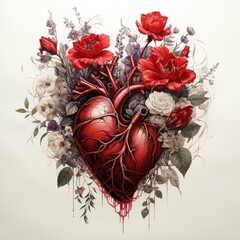 anatomical black heart with roses on white background - obrazy, fototapety, plakaty