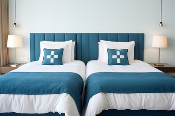 A clean and comfortable hotel accommodation room with a neat twin bed in a white and  emerald green theme. Generative AI.