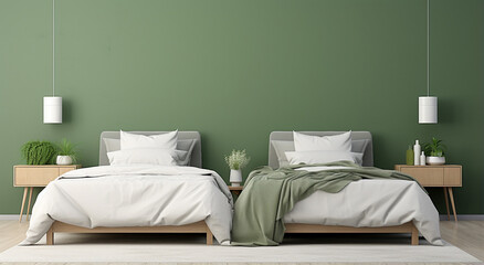 Unwind in this soothing pastel green bedroom adorned with crisp, clean white and green pillows and blankets. A comfortable and refreshing style for your space. Generative AI.