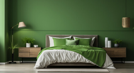 bright interior of white and green bedroom within sweet modern home, you'll find perfect blend of modern and contemporary design, exuding a sense of freedom and style.Generative AI.