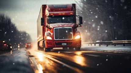 Zelfklevend Fotobehang Extreme close up of a truck driving down a highway at snow day © Ricardo Costa