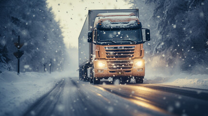 Extreme close up of a truck driving down a highway at snow day