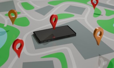 The smartphone is on the map. Geolocation markers are flying around. Graphic illustration with bokeh effect. 3D rendering.