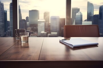 Office table with blurry city view. Good for background in business concept. Generative AI