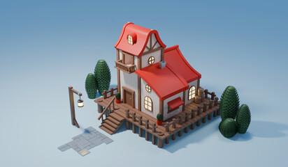 Stylized fairytale or toy house, Christmas wooden house with a red roof, 3D illustration made in Blender 3D.