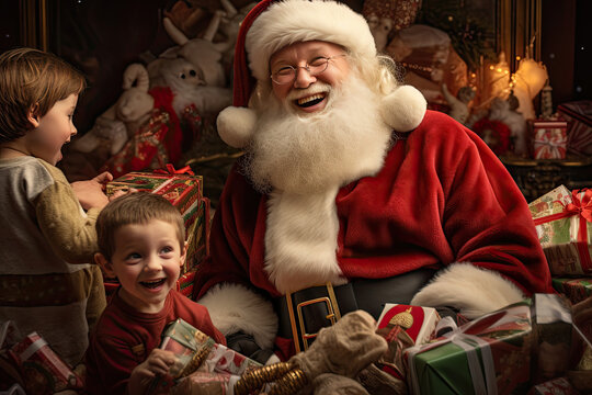 Santa Claus, Father Christmas, Saint Nicholas, Saint Nick, Kris Kringle, in red suit and hat, happy, jolly, love, children, kids,