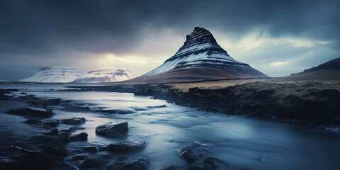 Kirkjufell Mountain and Waterfall at Dusk, Iceland