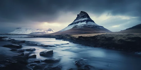Acrylic prints Kirkjufell Kirkjufell Mountain and Waterfall at Dusk, Iceland