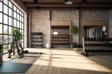Interior of modern fitness studio with brick walls and wooden floor, 3d rendering, Fitness center interior, Gym, Modern gym interior with sport and fitness equipment
