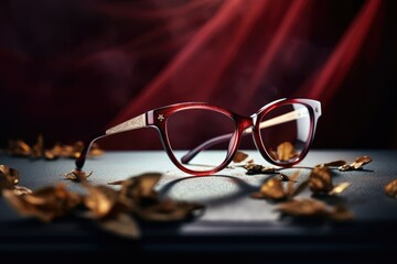 Eyeglasses and rose petals on a dark background, Selective focus, trendy eyeglass frames, fashionable eyeglasses, fashion accessories concept, stylish ladies glasses